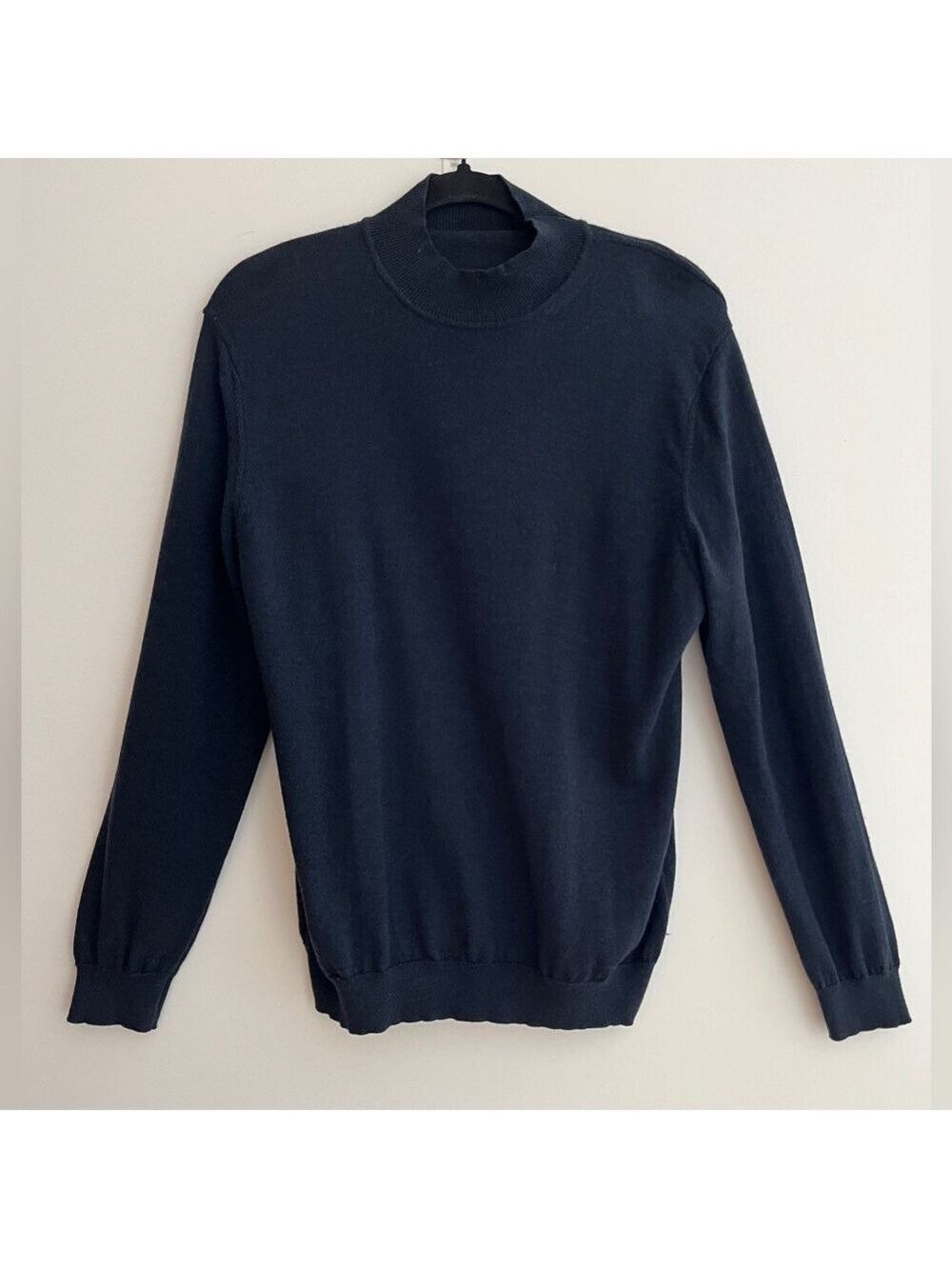 JOHN ASHFORD Italian Merino Wool Navy Blue Mock Neck Pullover Sweater Office